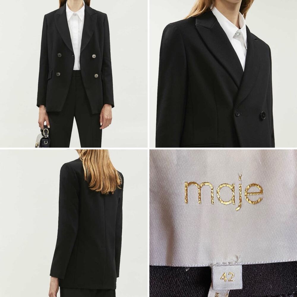 MAJE VOGA $565 Black Double-Breasted Stretch Crepe Blazer FR42 US 10 EUC